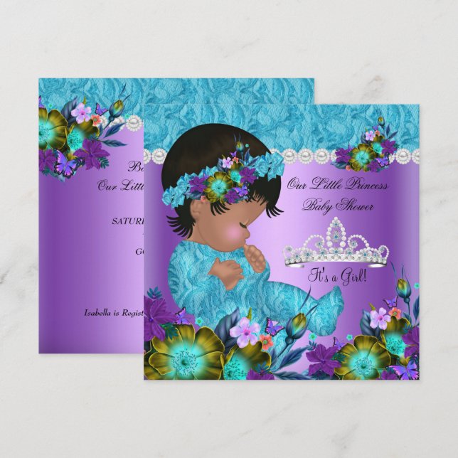 Invitación Chica de Baby Shower Verde azulado Blue Purple New (Anverso / Reverso)