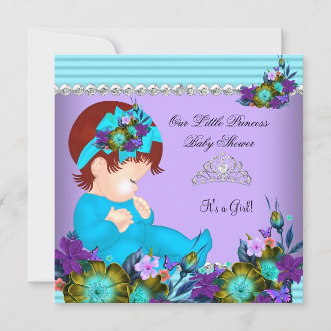 Invitación Chica de Baby Shower Verde azulado Blue Purple Red (Anverso)