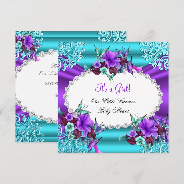 Invitación Chica de Baby Shower Verde azulado morado floral (Anverso / Reverso)