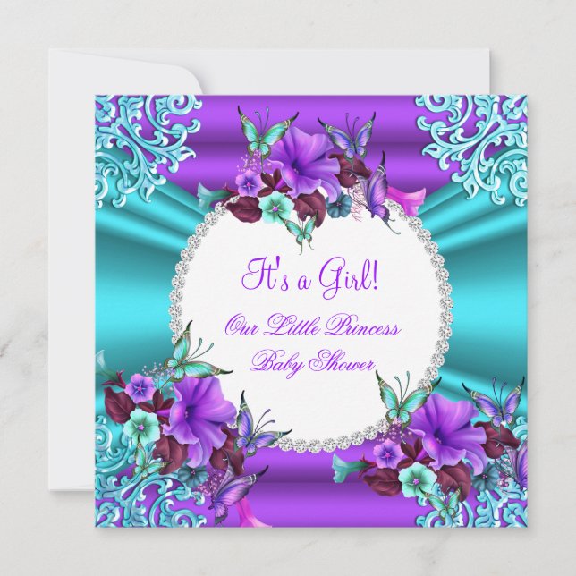Invitación Chica de Baby Shower Verde azulado Purple Floral 4 (Anverso)
