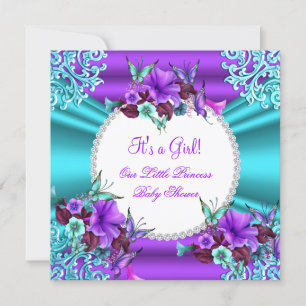 Invitación Chica de Baby Shower Verde azulado Purple Floral 4