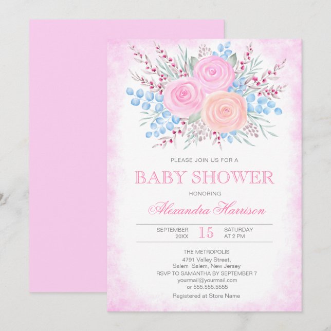 Invitación Chica de Baby Shower Watercolor Bouquet Roses Rosa (Anverso / Reverso)