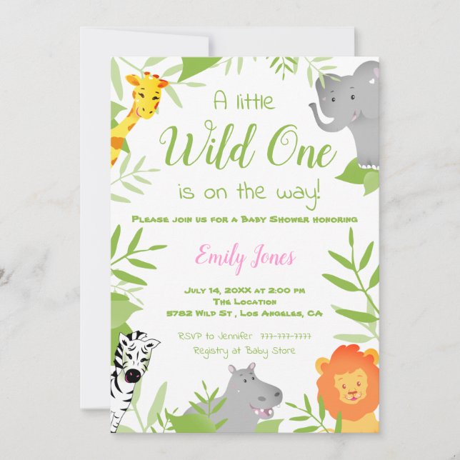 Invitación Chica de Baby Shower Wild One Safari Animals (Anverso)