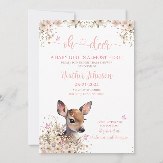 Invitación Chica de Baby Shower Woodland Deer (Anverso)