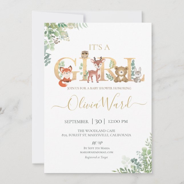 Invitación Chica de Baby Shower Woodland Greenery (Anverso)