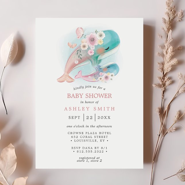 Invitación Chica de ballenas de acuarela floral Baby Shower (Subido por el creador)