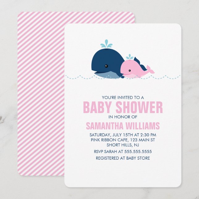 Invitación Chica de ballenas rosa Baby Shower (Anverso / Reverso)