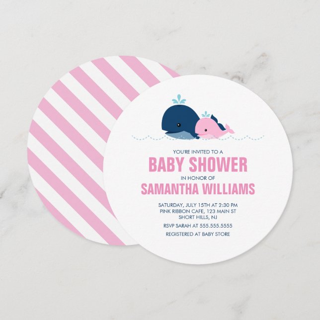 Invitación Chica de ballenas rosadas Baby Shower (Anverso / Reverso)