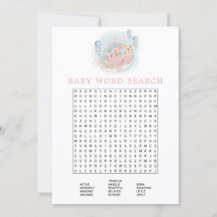 Invitación Chica de ballenas rosadas Baby Shower Word Search 