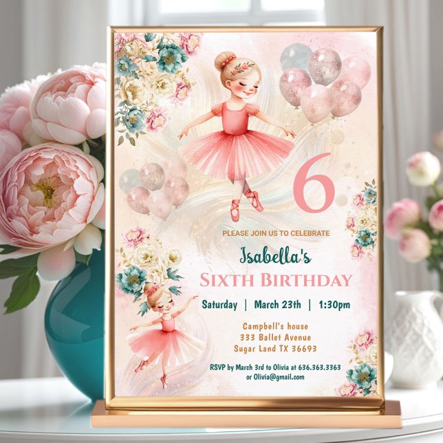 Invitación Chica de Ballerina de Rubia Floral Verde azulada r (Pink Teal Floral Blond Ballerina Girl Birthday Invitation)