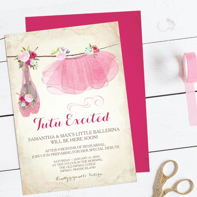 Invitación Chica de Ballerina Rosada Vintage Baby Shower (Tutu excited ballerina baby shower invitations pink for a girl. )