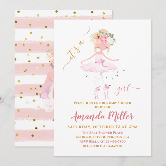 Invitación Chica de ballet dulce Ilustracion Baby Shower (Anverso / Reverso)