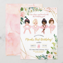 Invitación Chica de ballet floral rosa y dorada Cumpleaños