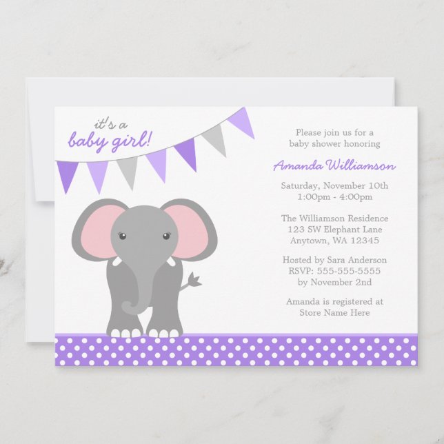 Invitación Chica de banner de punto de polka púrpura elefante (Anverso)
