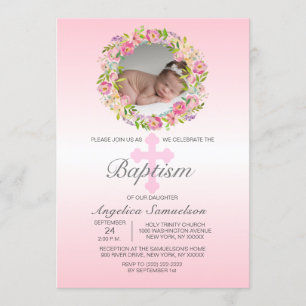 Invitación CHICA de BAPTISM rosa con flor  FOTO