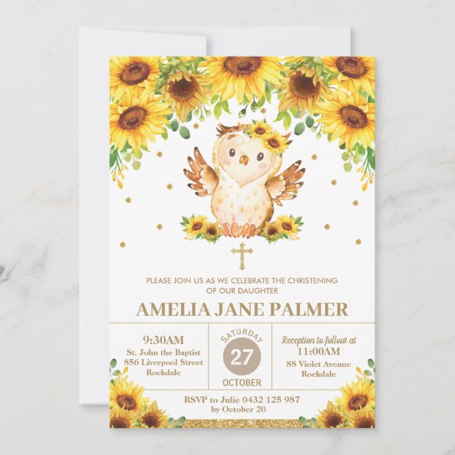 Invitación Chica de bautismo con flor de girasol de búho (Anverso)