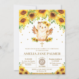 Invitación Chica de bautismo con flor de girasol de búho