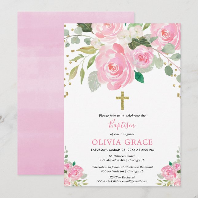 Invitación chica de bautismo en acuarelas florales de oro ros (Anverso / Reverso)