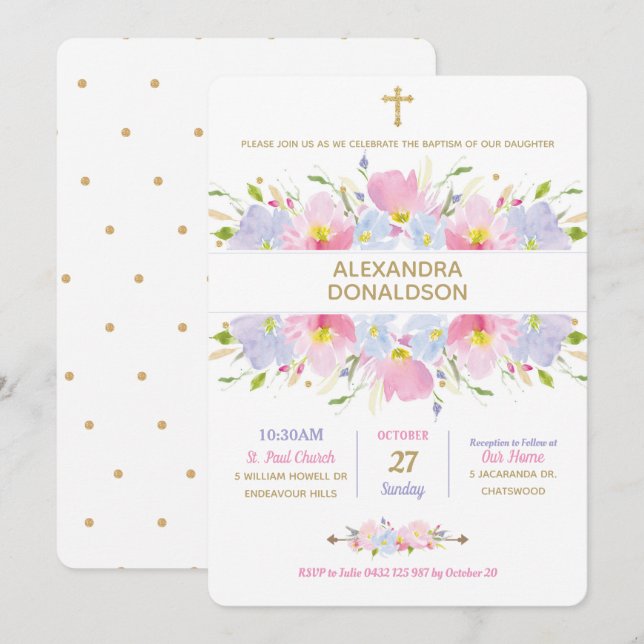 Invitación Chica de bautismo floral (Anverso / Reverso)