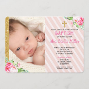 Invitación Chica de bautismo floral rosa Christening