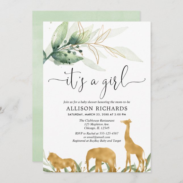 Invitación Chica de bebé, animales dorados de la selva safari (Anverso / Reverso)
