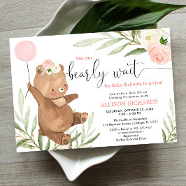 Invitación Chica de bebé con globo de oso de peluche rosa