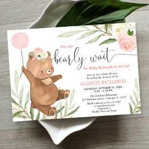 Invitación Chica de bebé con globo de oso de peluche rosa