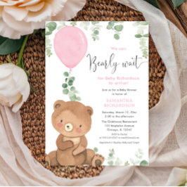Invitación Chica de bebé con globo rosa de oso blanco