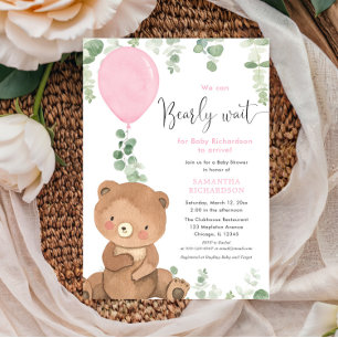 Invitación Chica de bebé con globo rosa de oso blanco