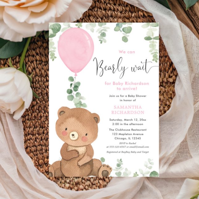 Invitación Chica de bebé con globo rosa de oso blanco (Subido por el creador)