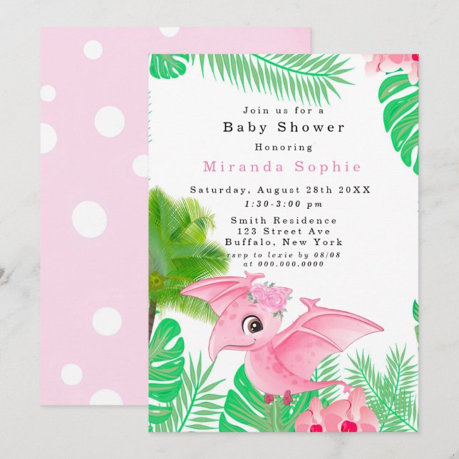 Invitación Chica de bebé de dinosaurios rosados tropicales (Anverso / Reverso)