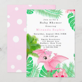 Invitación Chica de bebé de dinosaurios rosados tropicales