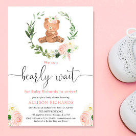Invitación Chica de bebe de oso de peluche rosa con flores