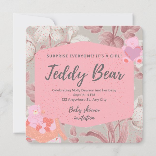 Invitación Chica de bebe de oso de peluche rosa con flores (Anverso)