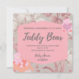 Invitación Chica de bebe de oso de peluche rosa con flores