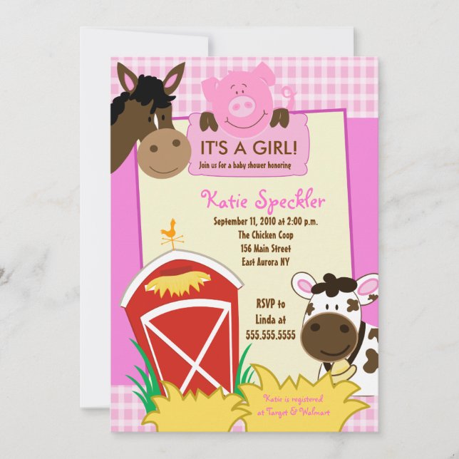 Invitación Chica de bebés de granja 5x7 Baby Shower INvitatio (Anverso)