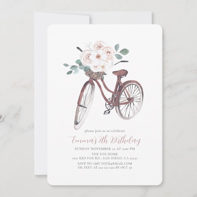Invitación Chica de bicicleta floral acuarela Cumpleaños (Anverso)