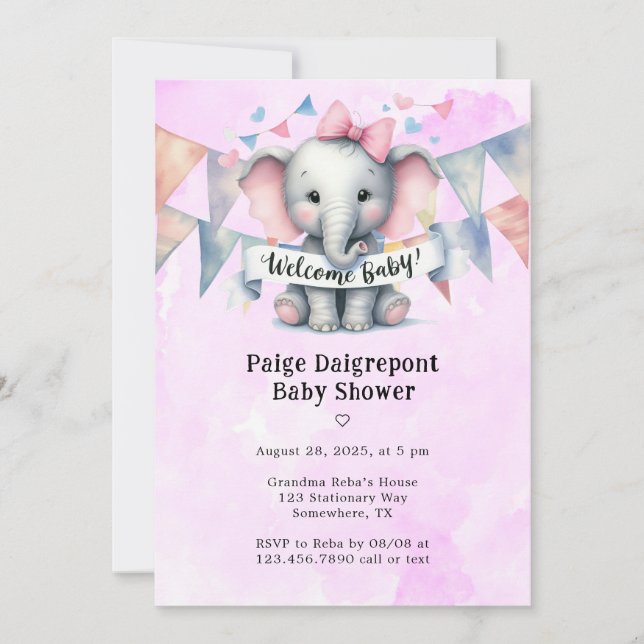 Invitación Chica de bienvenida Cute Elephant Baby Shower (Anverso)