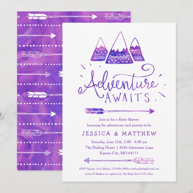 Invitación Chica de Boho "Adventure Awaits" Baby Shower (Anverso / Reverso)