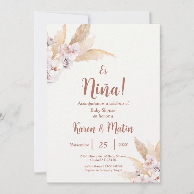 Invitación Chica de Boho Baby Shower en español (Anverso)