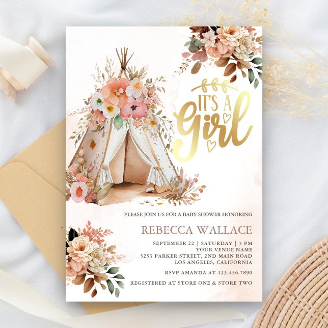 Invitación Chica de Boho Floral Tribal Teepee Baby Shower (Subido por el creador)
