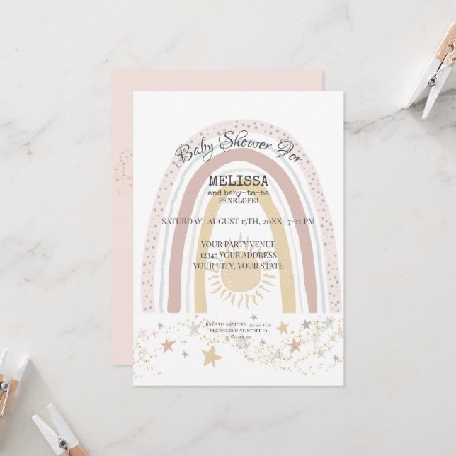 Invitación Chica de Boho Rainbow Sunshine Pink Mustard Gold S (Anverso/Reverso In Situ)