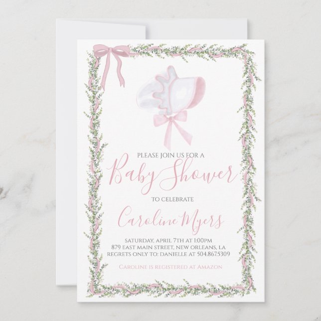 Invitación Chica de Bonnet Pink Preppy Baby Shower (Anverso)