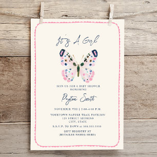 Invitación Chica de borde de mariposa rosa Boho Baby Shower