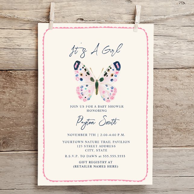 Invitación Chica de borde de mariposa rosa Boho Baby Shower (Subido por el creador)