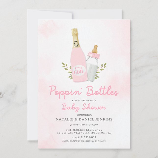 Invitación Chica de botellas de Poppin Baby Shower (Anverso)