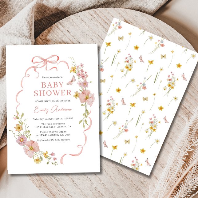 Invitación Chica de Bow rosa mariposa de flores silvestres Ba (Subido por el creador)