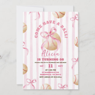 Invitación Chica de Bow Rosado Juego de Béisbol Hora Cumpleañ