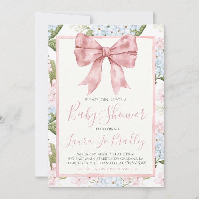Invitación Chica de Bow Rosado Preppy Baby Shower Sur (Anverso)