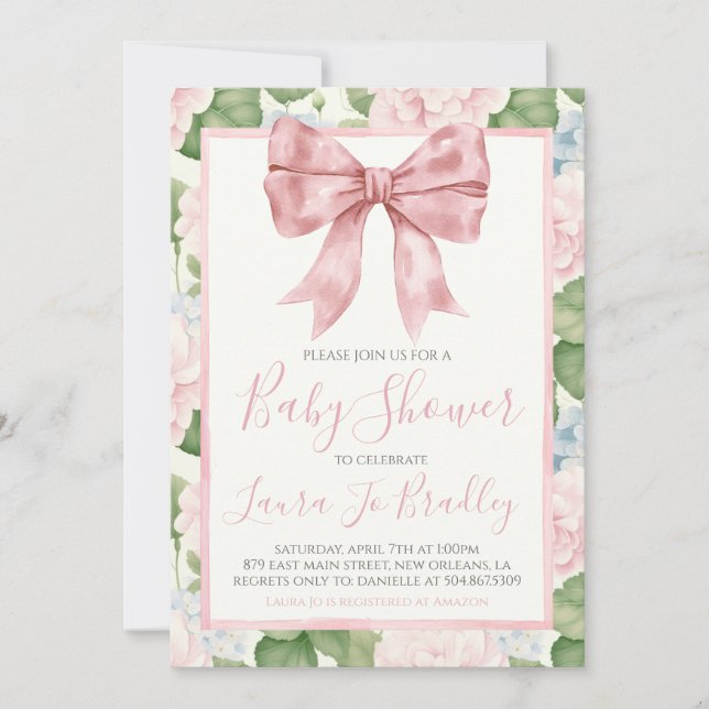 Invitación Chica de Bow Rosado Preppy Baby Shower Sur (Anverso)